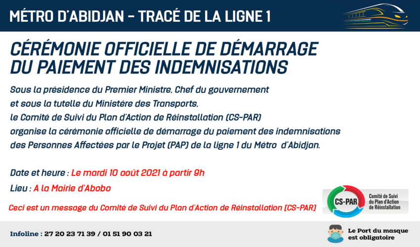 Ligne 1 du métro d'Abidjan: lancement officiel de la phase d’indemnisation des populations impactées par le projet