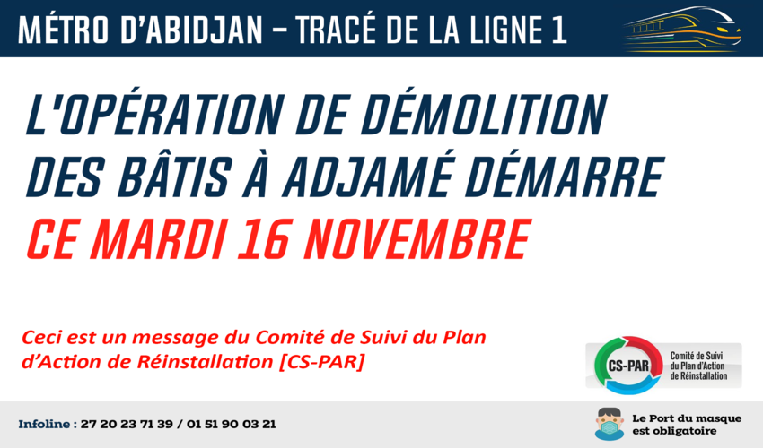 Métro d'Abidjan : l'opération de démolition des bâtis à Adjamé démarre ce mardi 16 novembre
